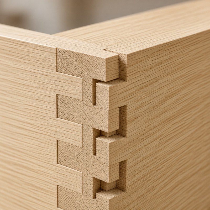 Assemblage en chêne clair, joints précis, lumière douce